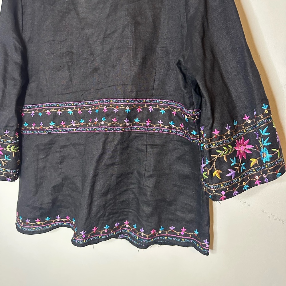 SilkLand Linen Black Blouse with Multicolor Embroidery Womens size X-LARGE - Picture 6 of 6